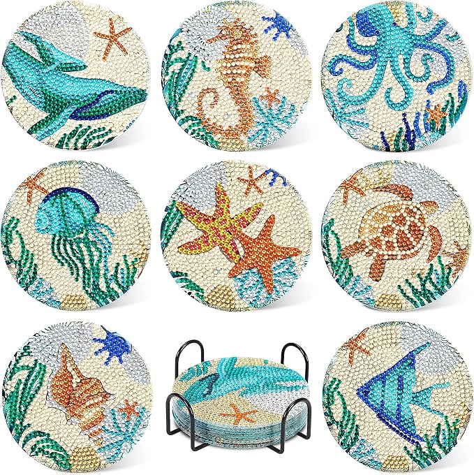 UPINS Ocean Diamond Art Painting Coaster Kit, Non Slip Coaster Art Supplies