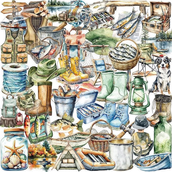 50 Cartoon Outdoor Fishing Stickers, Suitable