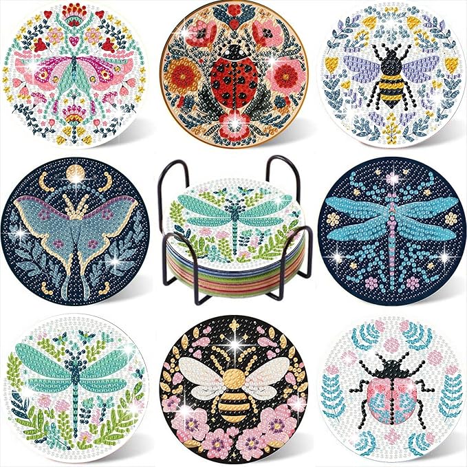 Gemozaic 8PCS Diamond Art Coasters Kit, Insects Diamond Painting Coasters