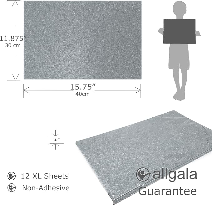 Allgala X-Large Glitter EVA Foam Sheets 12 Pack 12x16 inch Paper Sheets- Silver