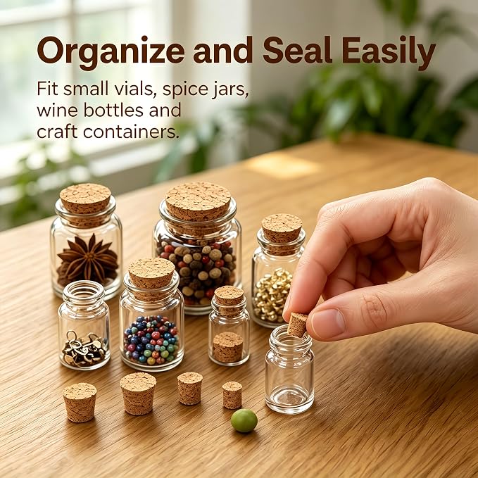 100 Pack Tapered Cork Stoppers, 10 Sizes Assorted Natural Wooden Wine Bottle