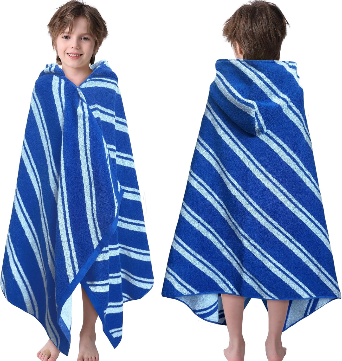 VOOVA & MOVAS Hooded Bath Towels for Kids (3-10Years,27.5"x55"),100% Cotton Absorbent Soft Towel Wrap for Toddler Boys,Perfect for Bathroom | Pool | Beach | Swimming, Jacquard Blue Stripe