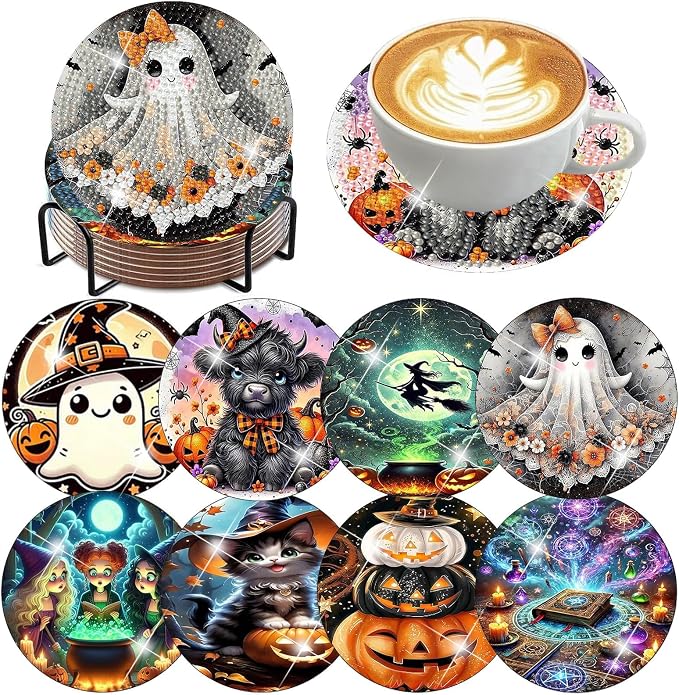 Axquilon 8 Pcs Halloween Diamond Art Coasters Kit