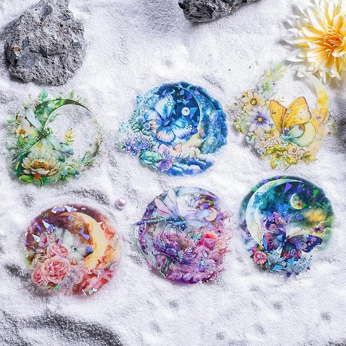 Yoksas 60Pcs Holographic Fantasy Butterfly Dragonfly Moon Stickers