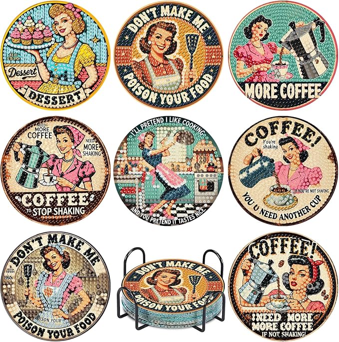 8Pcs Retro Housewife Diamond Art Coasters Kit, Vintage Coffee Diamond Painting