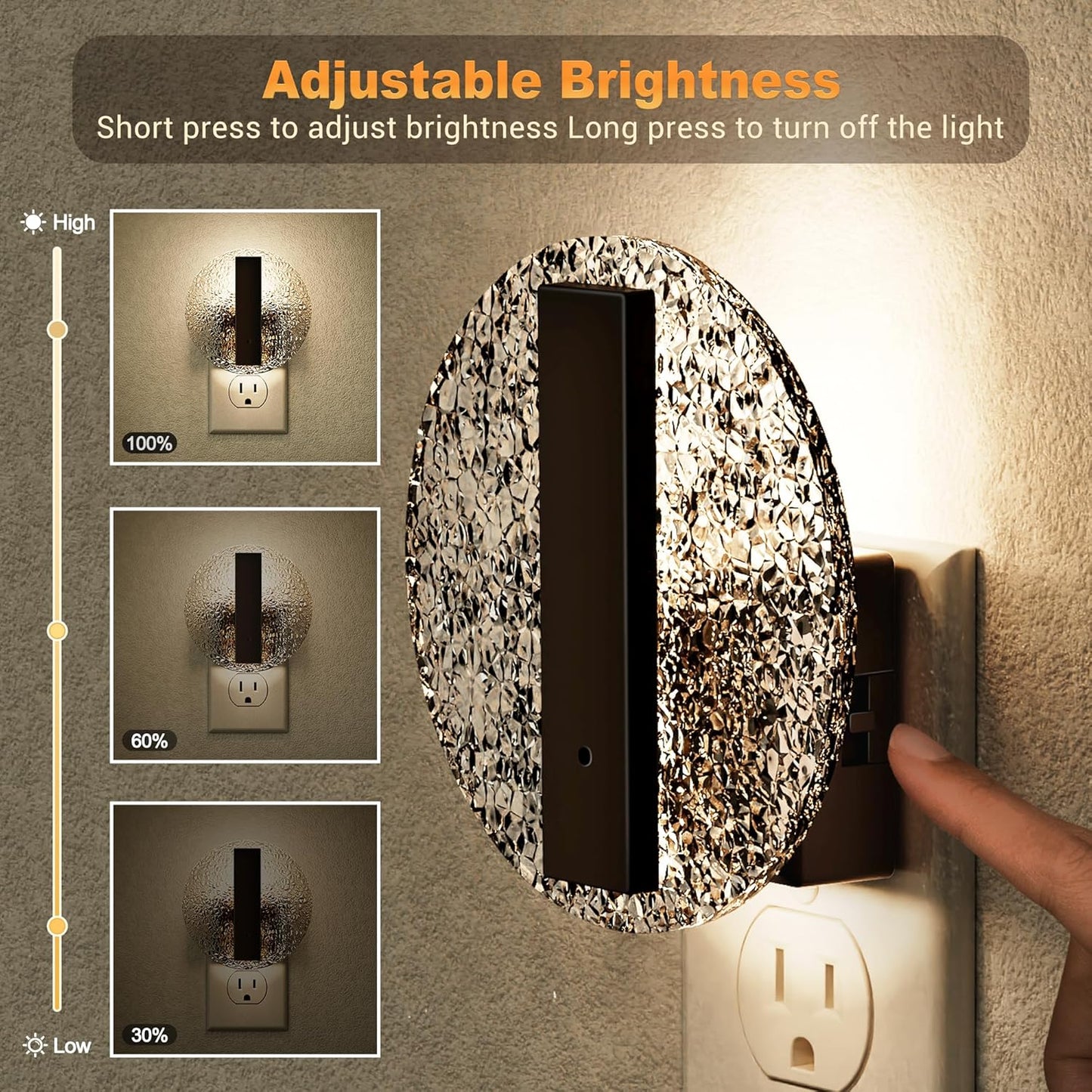 JandCase Night Light, LED Night Lights Plug into Wall, 3000K Warm White Nightlight with Dusk to Dawn Light Sensor, 0-100LM Adjustable Brightness, for Bathroom, Bedroom, Hallway, Stairs, 2 Pack