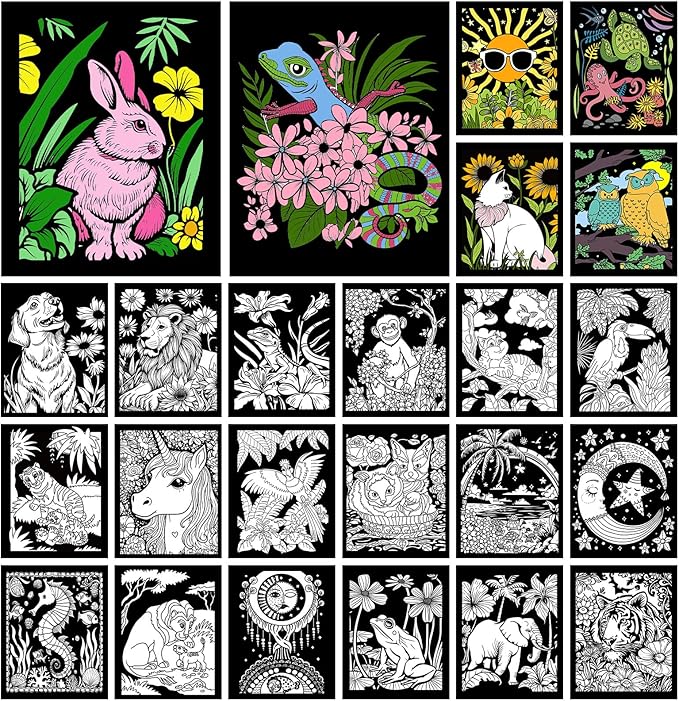 Zhanmai 48 Pcs Fuzzy Velvet Coloring Posters Artistic Edition Animal Fuzzy