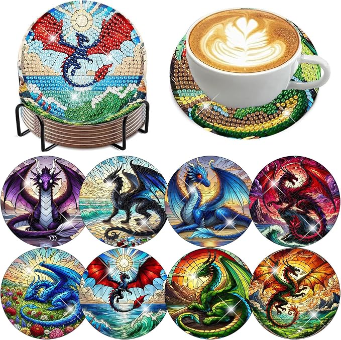 Zythron 8 Pack Diamond Art Coasters, Dragon Diamond Painting Coasters Kits |