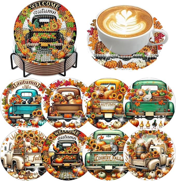 8 Pack Diamond Art Coasters, Autumn Truck Diamond Painting Coasters Kits | Fall