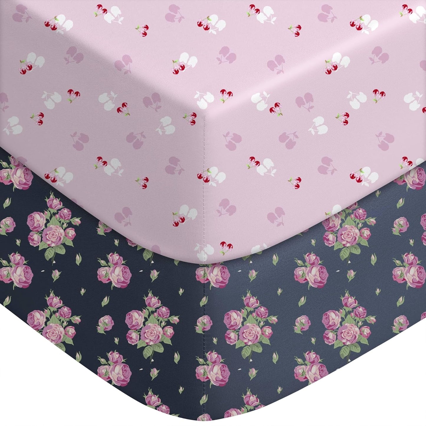 Yoofoss Pack and Play Sheets Fitted, Mini Crib Sheets 2-Pack for Pack N Play Mattress, Stretchy Playard Sheet, Soft and Breathable (Pink+Cherry)