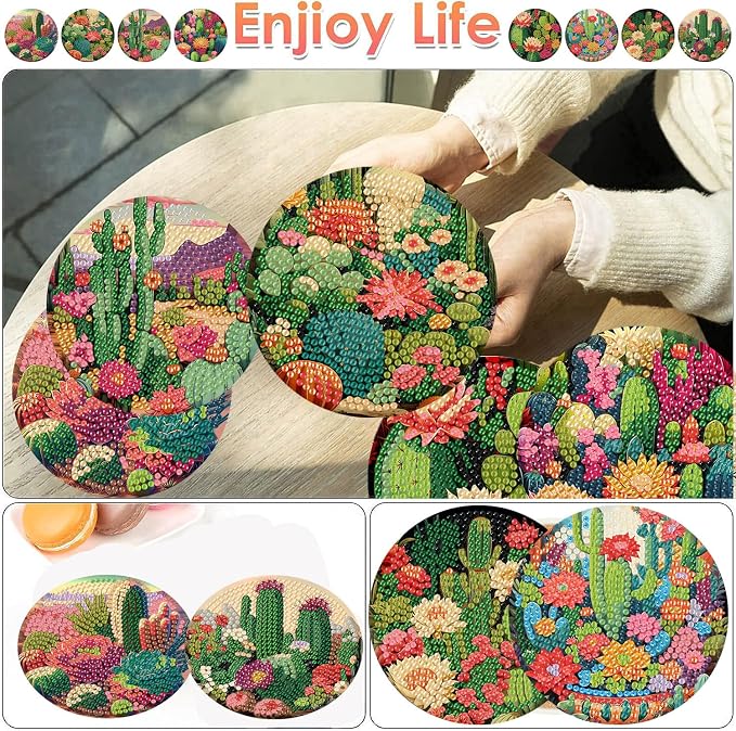 ijbnhd 8 Pcs Cactus Diamond Art Coasters Kit Diamond Painting Coasters | Cactus