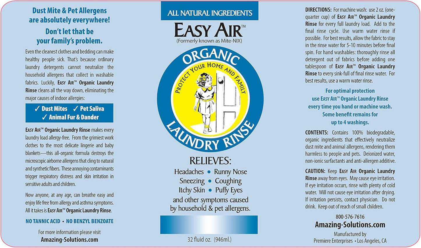Easy Air Organic Allergy Relief Laundry Rinse, Hypoallergenic & Fragrance Free, Eliminate Odors. Asthma & Allergy Safe for Babies & Pets - 32 Fl Oz