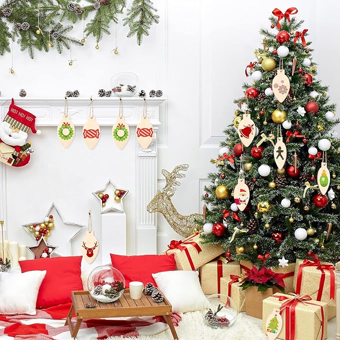 Queekay 50 Pcs Christmas Unfinished Wooden Light Bulb Wooden Slices Blank