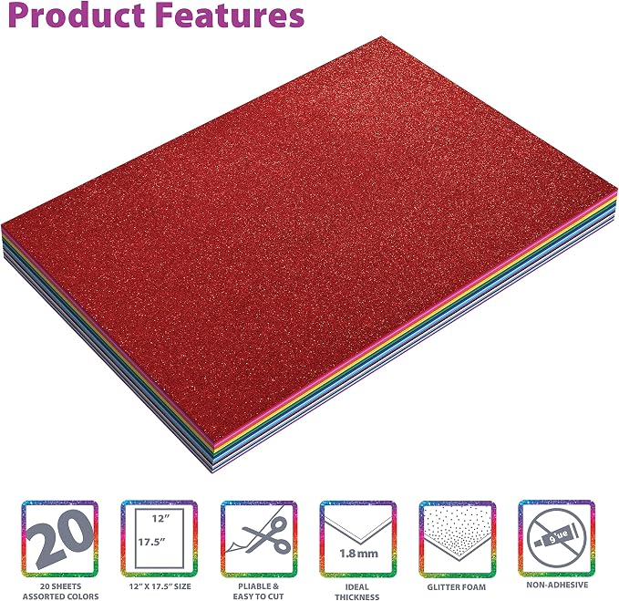 Better Office Products 20 Pack Extra Large Glitter Foam Sheets, 12 x 17.5 Inch