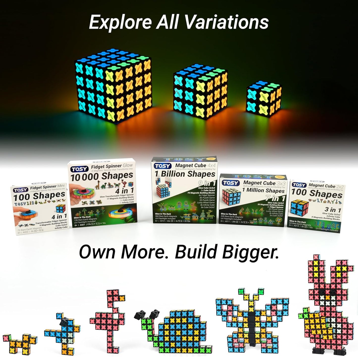 TOSY Magnet Cube 2x2 - 8 Blocks, 2in1 Toy: 2x2x2 Puzzle Cube and Customizable Infinity Cube, Glowing w/ UV Flashlight, Christmas Stocking Stuffers Gift for Kids/Grandkids, STEM Toy, 4-Pack