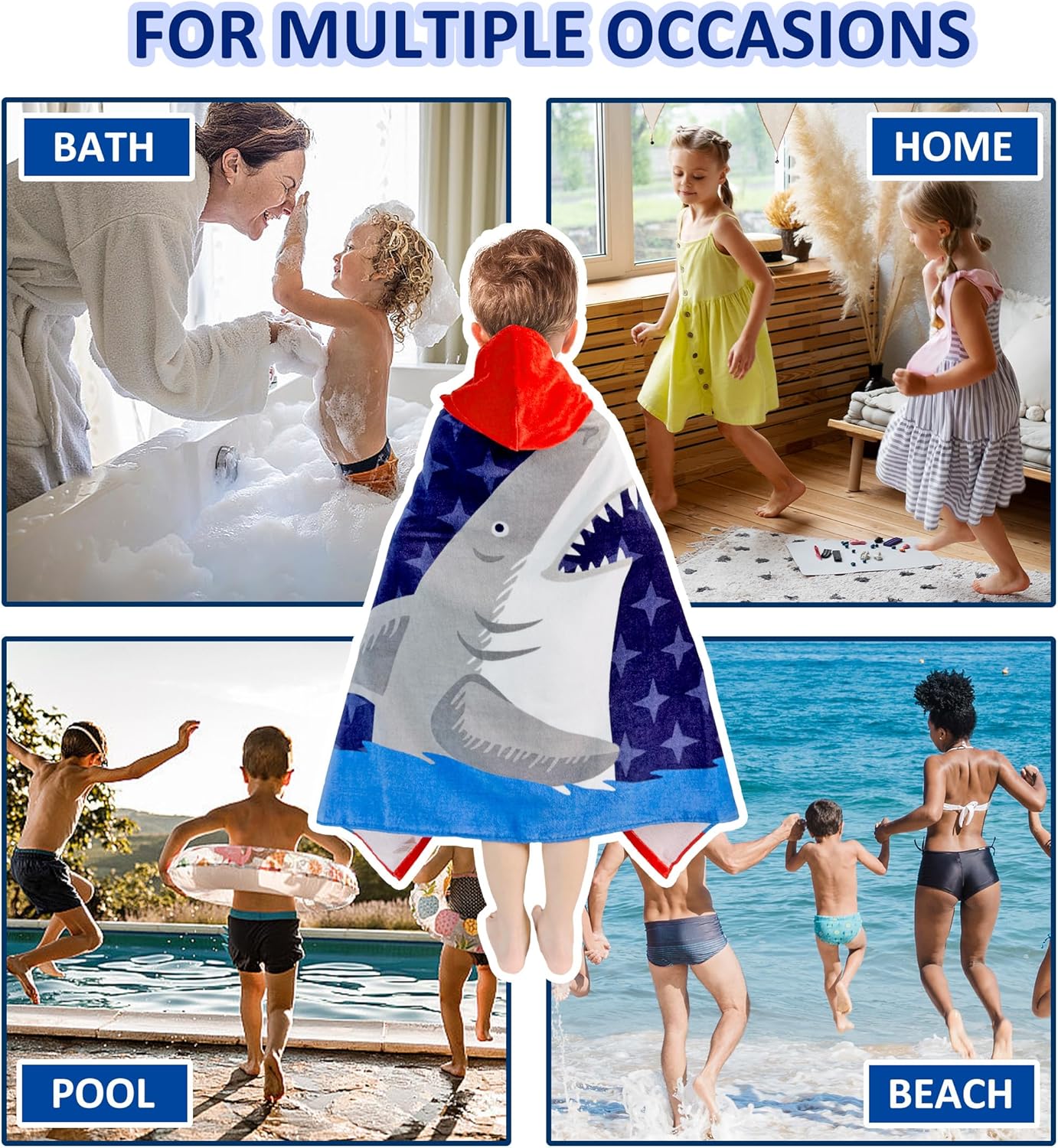 Kids Hooded Bath Towel-Soft Thick 100% Cotton Hooded Beach Towel for Kids 3-10 Years,Absorbent Fast-Drying Cute Toddler Bath & Swim Towel,for Boys & Girls 30"x 50"(Shark Navy)