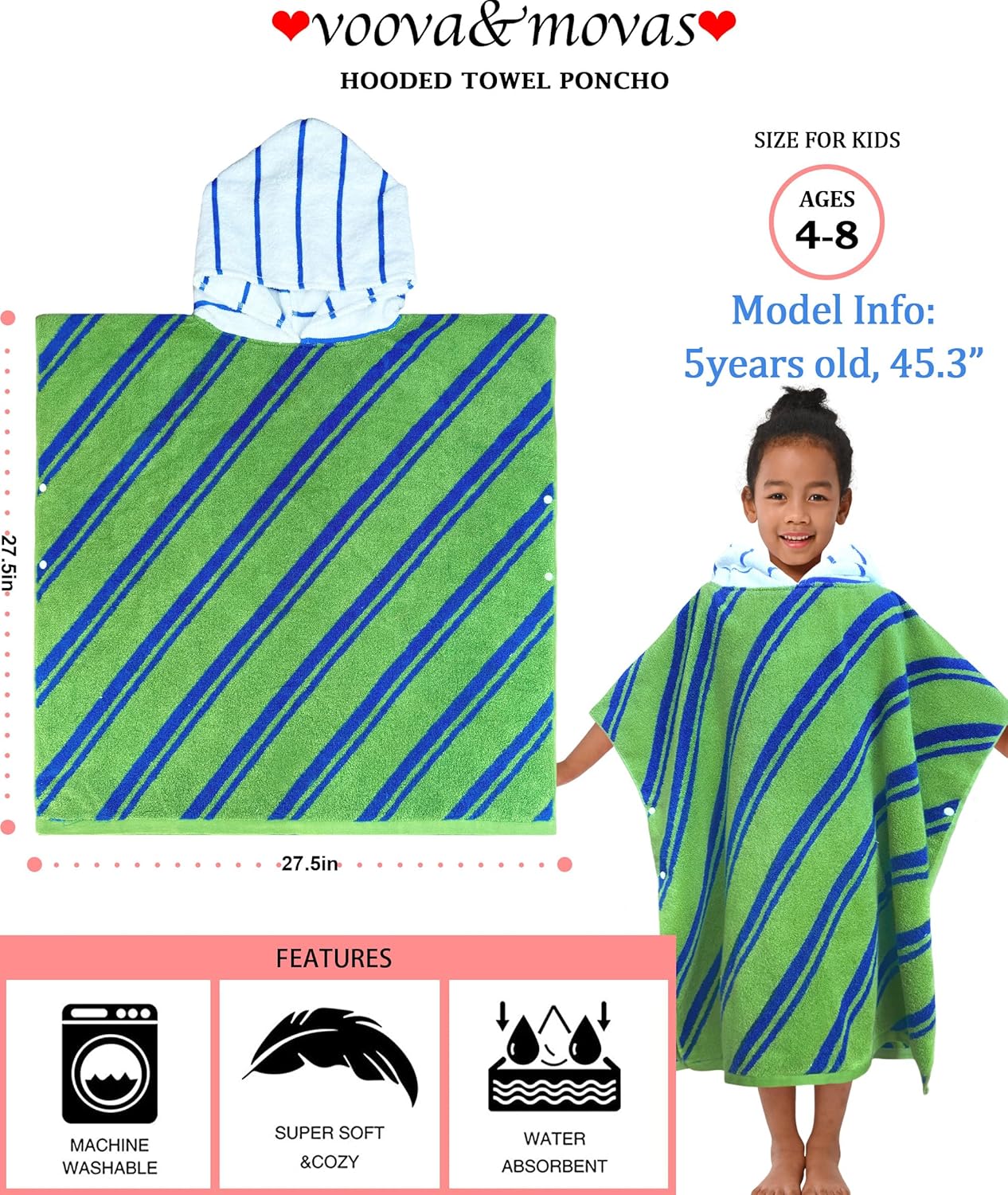 VOOVA & MOVAS Kids Hooded Poncho Towels (4-8Years,27.5"x27.5"),100% Cotton Soft Absorbent Towel for Boys,Perfect for Bathroom | Pool | Beach | Swimming, Jacquard Green Stripe