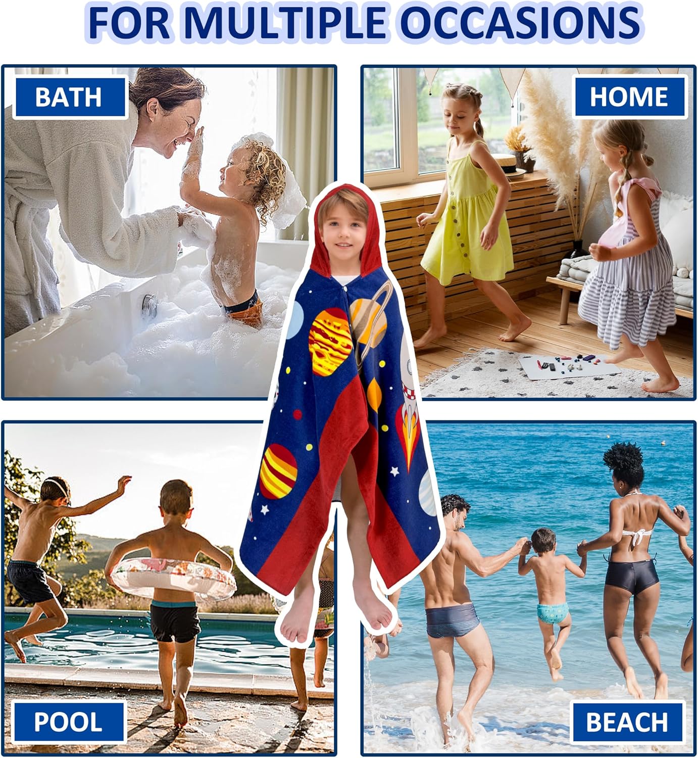 Kids Hooded Bath Towel-Soft Thick 100% Cotton Hooded Beach Towel for Kids 3-10 Years,Absorbent Fast-Drying Cute Toddler Bath & Swim Towel,for Boys & Girls 30"x50"(Space Navy)