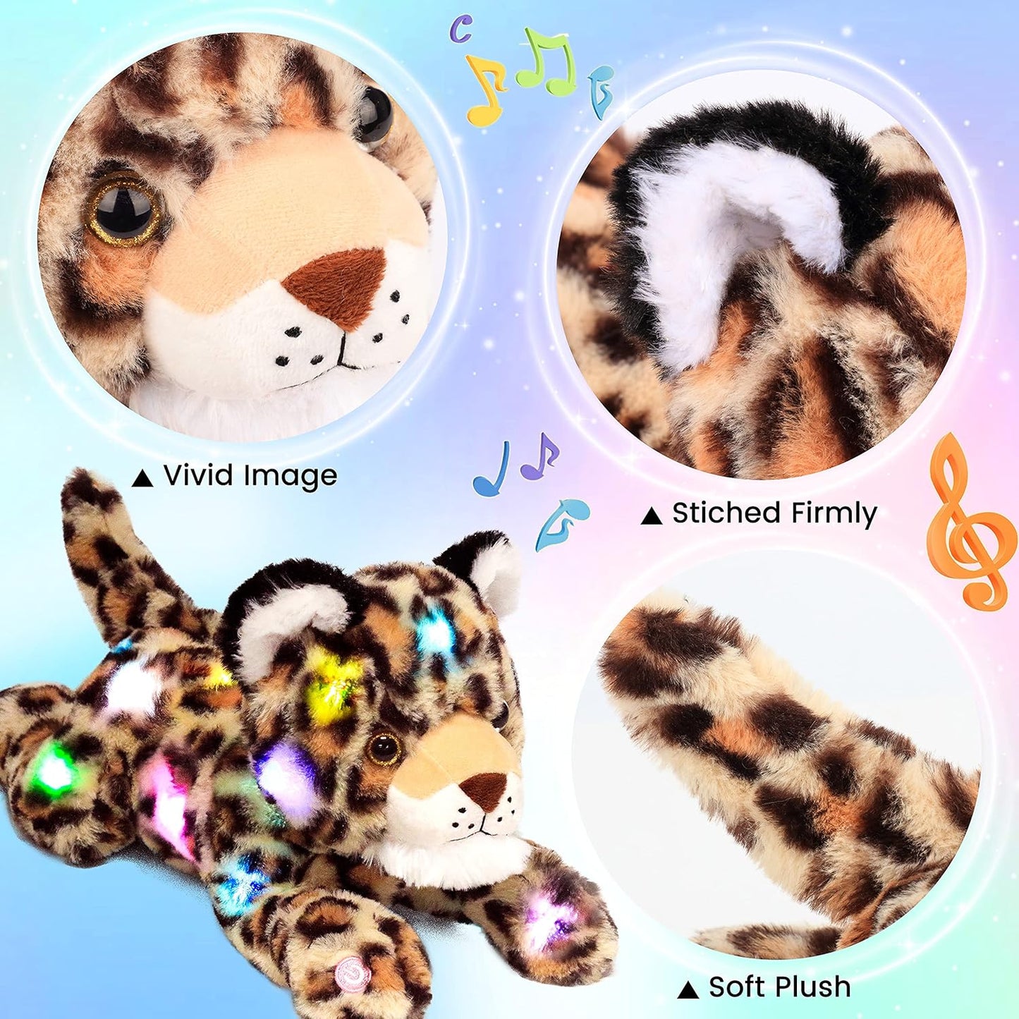 Hopearl LED Musical Stuffed Cheetah Lighting Up Singing Plush Leopard Toy Adjustable Volume Lullaby Animated Soothe Birthday Festival for Kids Toddlers Boys, 14''
