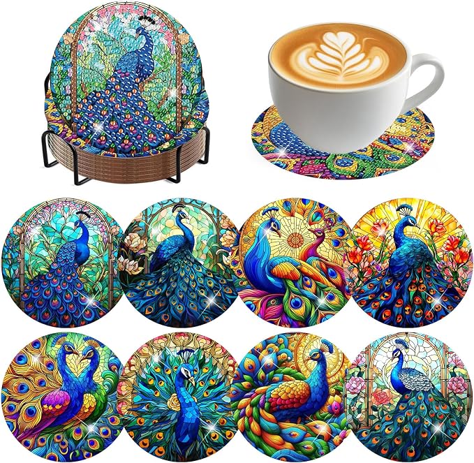 8 Pack Diamond Art Coasters, Peacock animals Diamond Painting Coasters Kits |