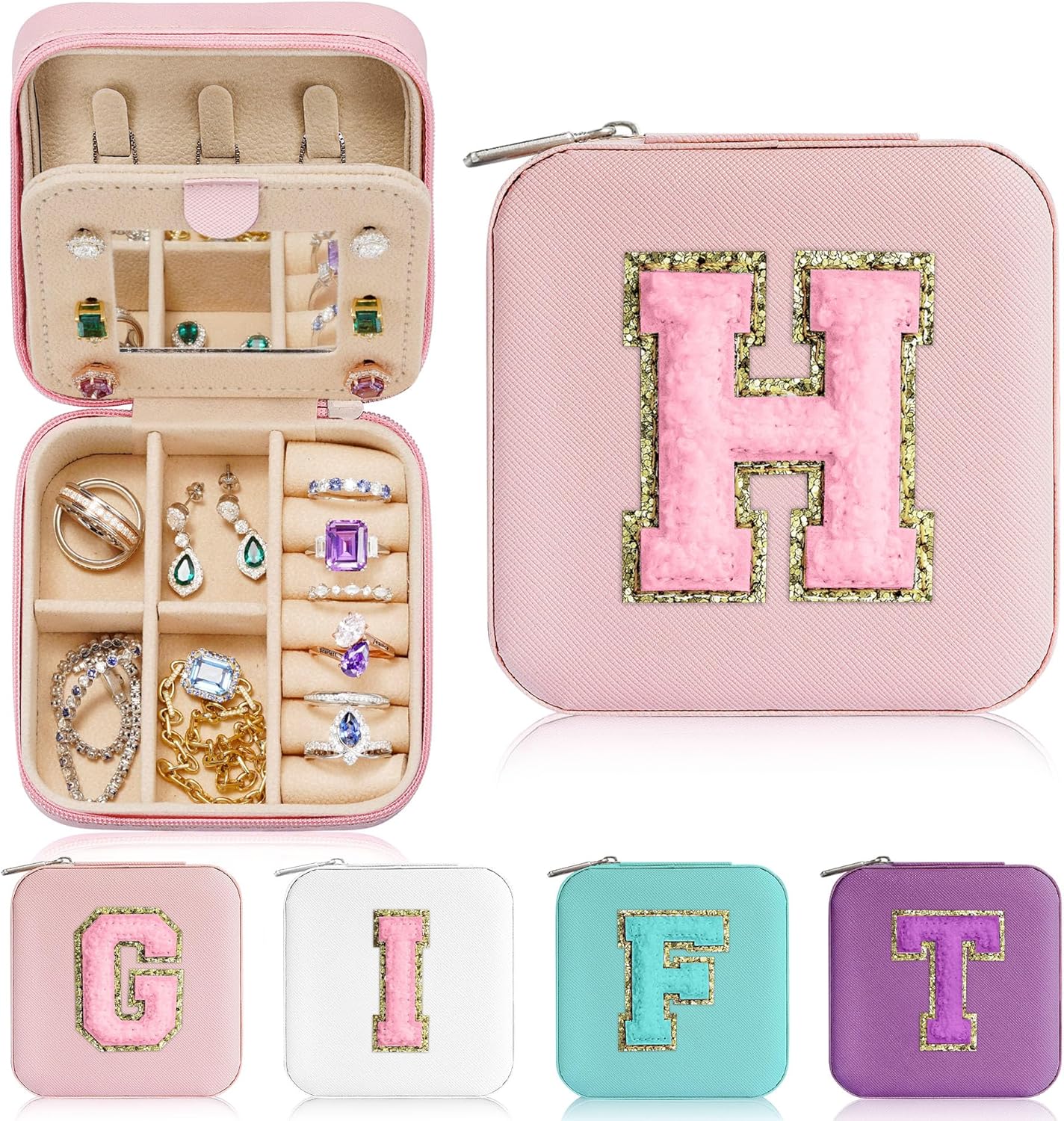 Parima Travel Jewelry Case for Women Girls, H Initial Jewelry Box | Small Jewelry Boxes | Jewelry Cases | Travel Gifts for Girl - Letter H, Pink