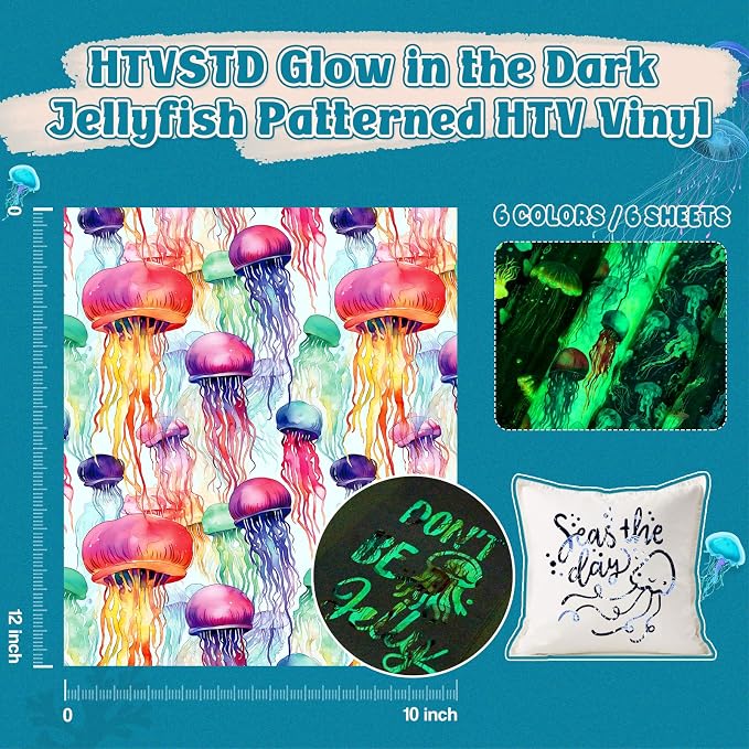 HTVSTD Glow in The Dark Jellyfish Heat Transfer Vinyl 6pcs 12×10in | Luminous