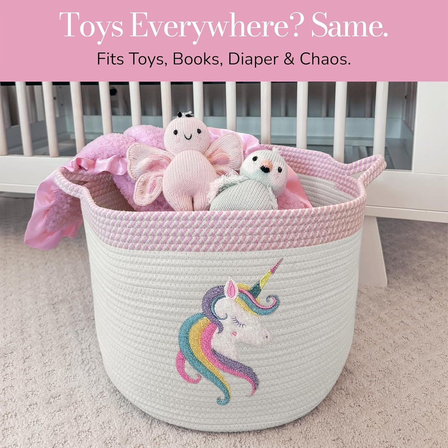 Unicorn Storage Basket for Nursery – Large 15”x11” Cotton Rope Bin with Soft Felt Animal Patch – Toy Organizer, Baby Laundry Hamper, Diaper & Towel Holder – Foldable, Washable & Baby-Safe