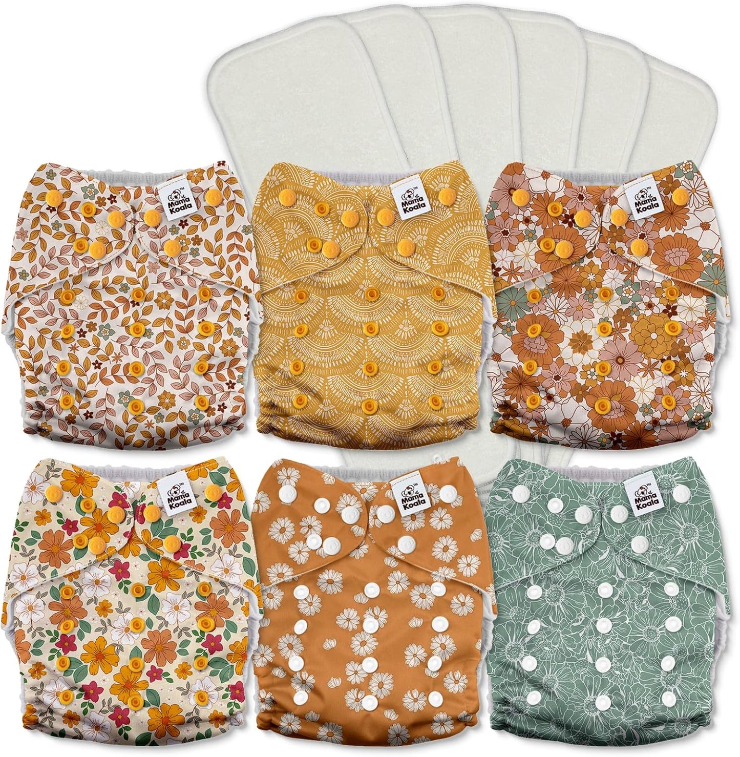Mama Koala 3.0 Pocket Cloth Diapers for Babies with AWJ Lining, 6 Pack with 6 5-Layer Natural Cloth Diaper Inserts - Reusable and Washable Pocket Diapers(A-Little Daisies)