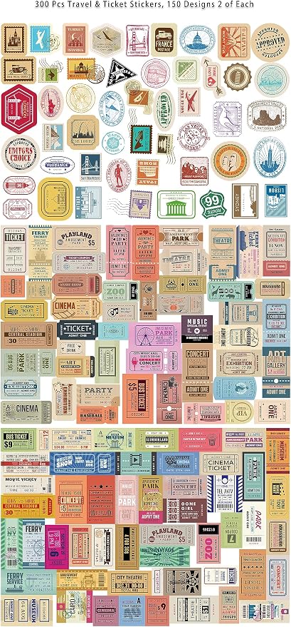 Prstincol 300 Pcs Vintage Travel Stickers Ticket Stickers