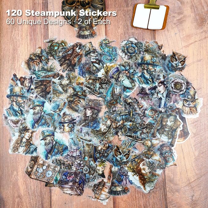 120PCS Steampunk PET Stickers, Mechanical Cats, Planner Collage, Water Bottle