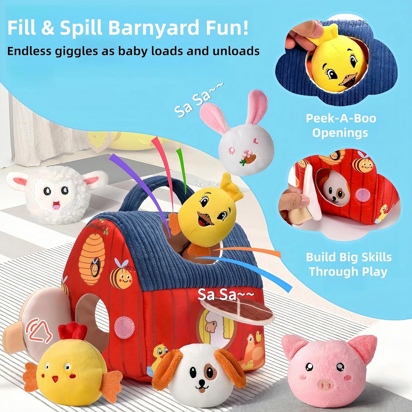 Baby Toys for 1 Year Old, Surprise Barn Stuffed Farm Animals, Crinkle, Rattle, Mirror, Montessori Toys for One Year Old Boy Girl Birthday Gift, Christmas Baby Stocking Stuffers for 1-3 Toddler