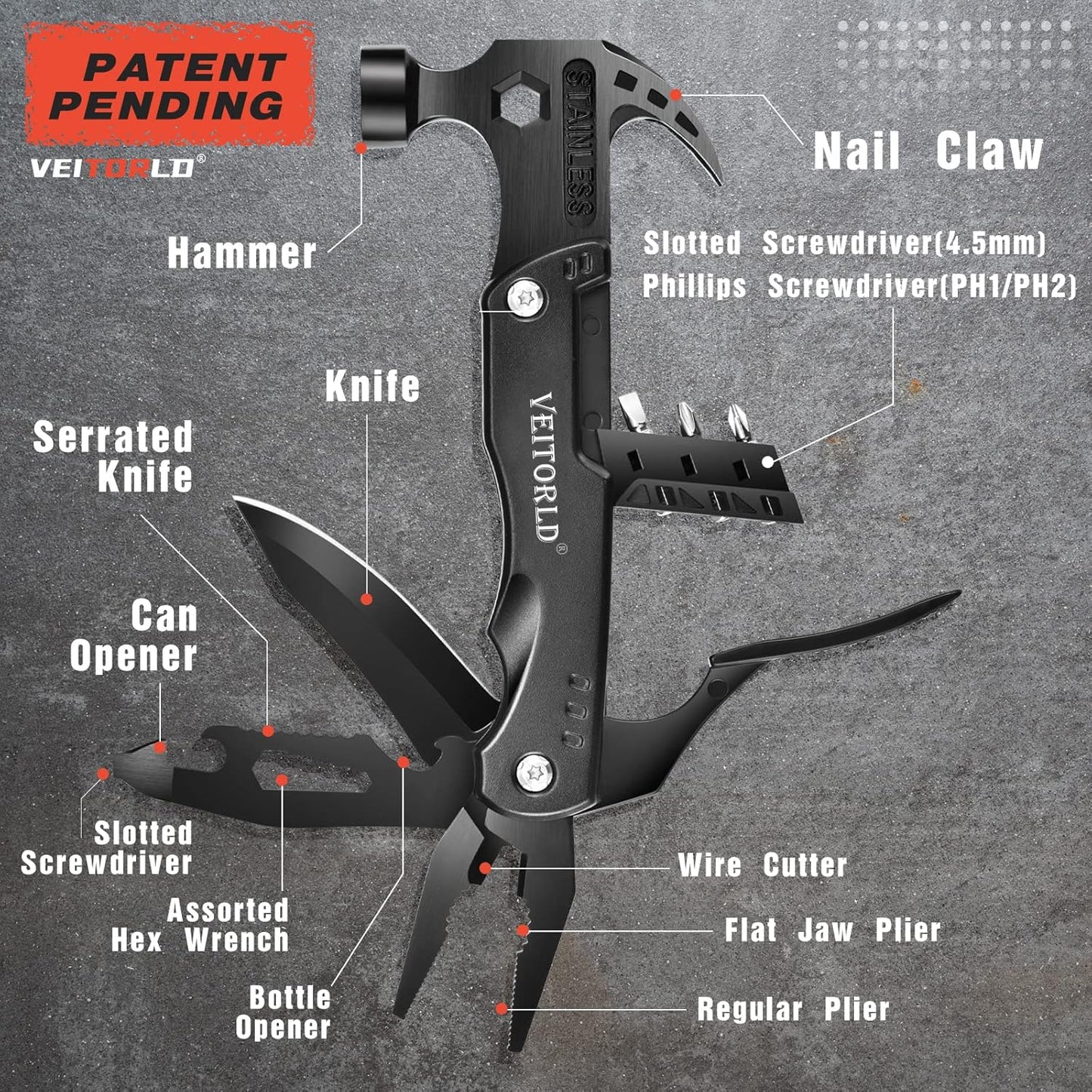 VEITORLD Christmas Stocking Stuffers, Gifts for Men Dad, Anniversary Birthday Gifts Idea for Him Husband Boyfriend, All in One Tools Hammer Multitool, Camping Hunting Hiking Xmas Presents, Cool Gadget