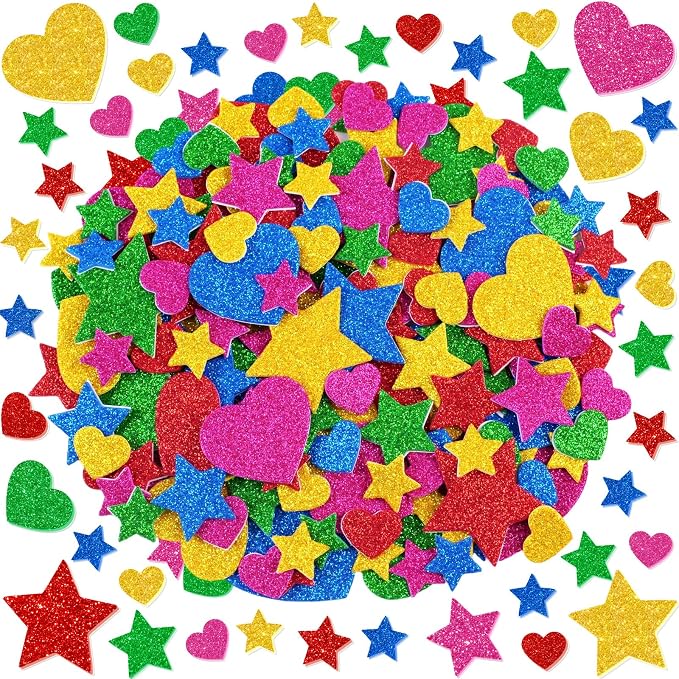 625Pcs Foam Stickers Glitter Colorful Heart Star Shapes Stickers 5Sheets 3D