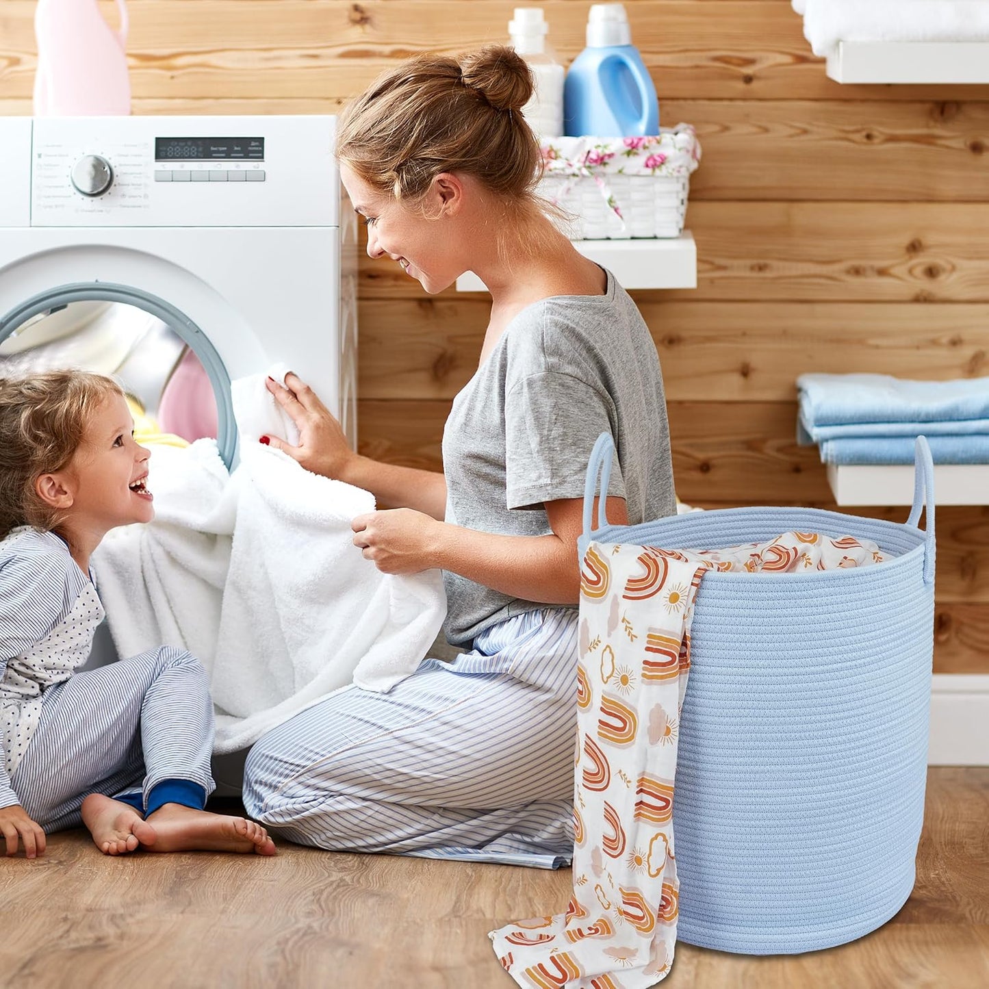 Cotton Rope Laundry Basket Hamper for Clothes Woven Storage Basket for Living Room Bedroom Boho Tall Rope Baskets for Blanket Toys Pillow Towels Baby Nursery Hamper Bin light blue
