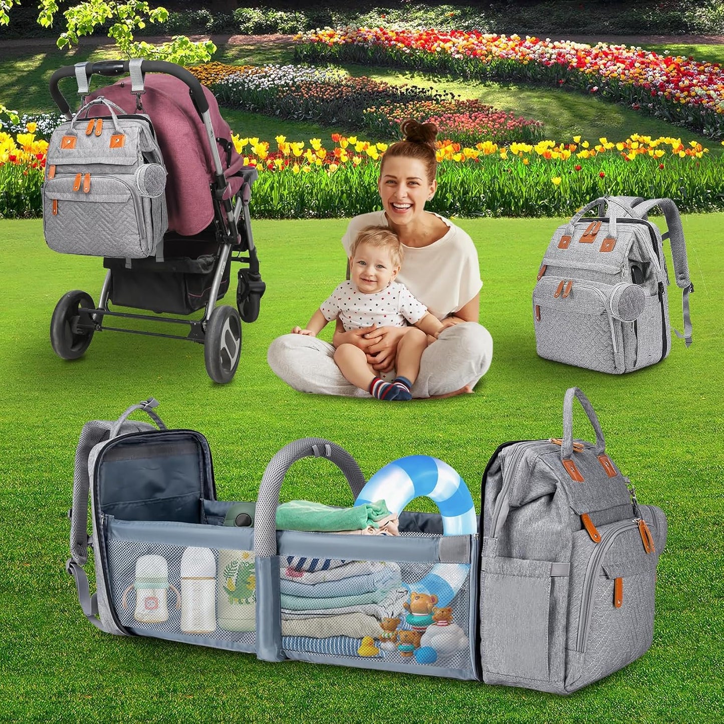 Diaper Bag Backpack Diaper Bag Multifunctional Waterproof Diaper Bag with Changing Station Travel Backpack with Changing Pad, Pacifier Case & Stroller Straps(Grey)