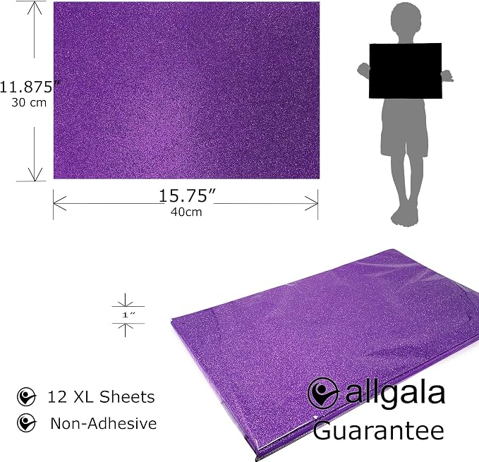 Allgala X-Large Glitter EVA Foam Sheets 12 Pack 12x16 inch Paper Sheets- Purple