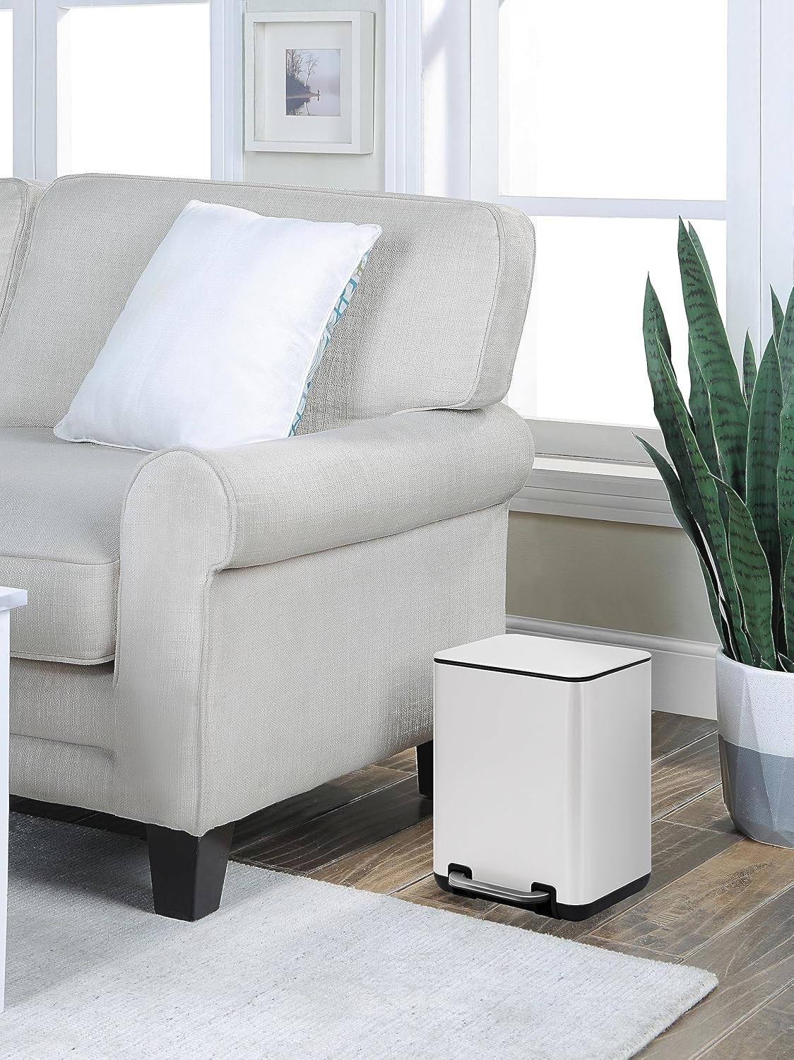 SunnyPoint 6 Liter(1.58 Gallon) Small Trash Can with Plastic Inner Buckets; Rectangle Bathroom, Office, Kitchen, and Bedroom Step On and Slow Close (WHT)