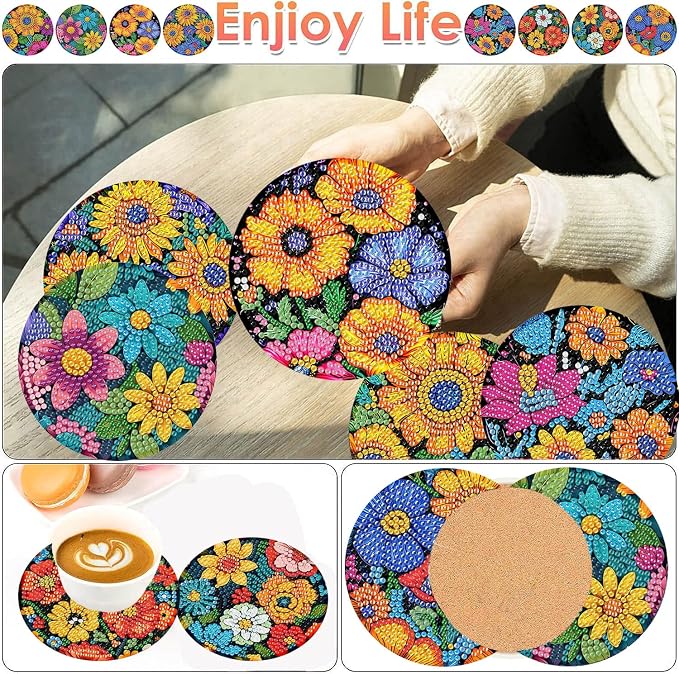 ijbnhd 8 Pcs Flowers Diamond Art Coasters