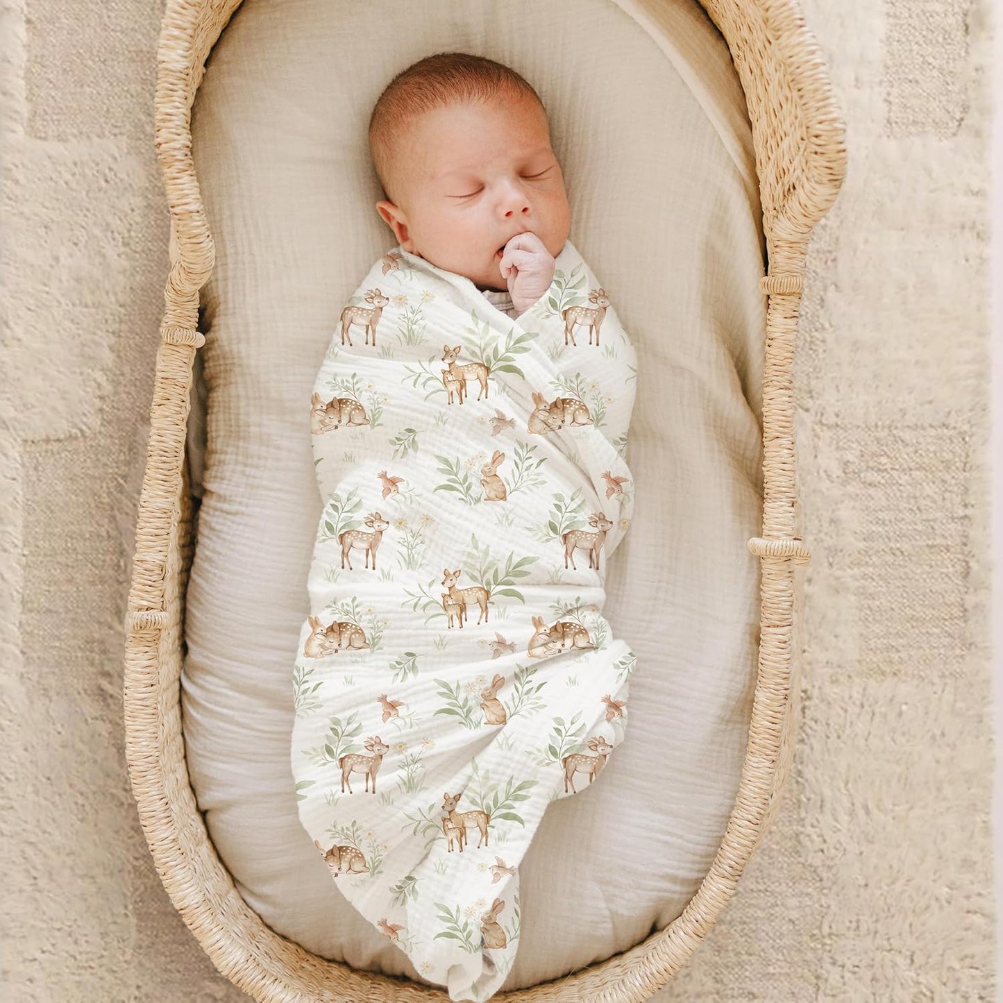 Konssy Muslin Swaddle Blankets for Girls Boys 2 Pack, 100% Cotton Receiving Baby Blanket Large 47 x 47 inches, Soft Breathable Swaddling Wrap for Unisex Newborn (Woodland,Sage)
