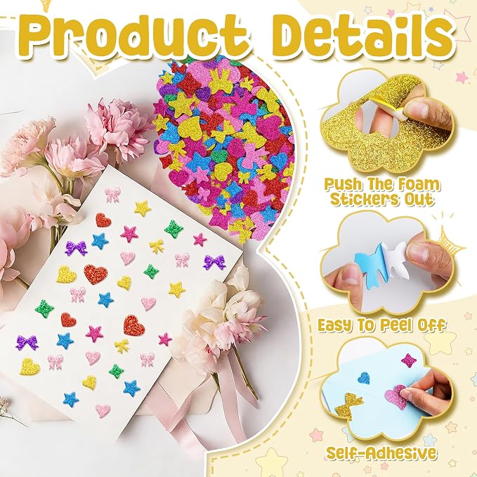 Foam Stickers, 7 Sheets 3D Glitter Foam Heart Stickers, Self-Adhesive EVA Foam