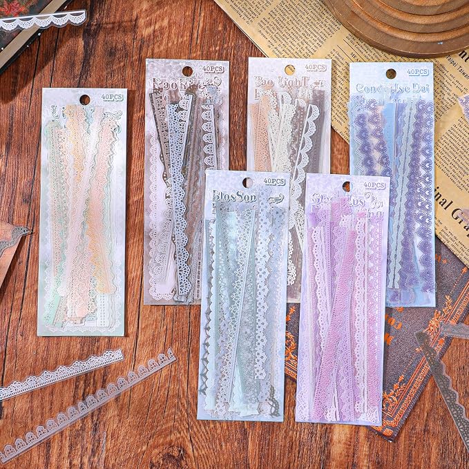240PCS/6 Packs Lace Transparent Stickers, Vintage PET Lace Scrapbooking