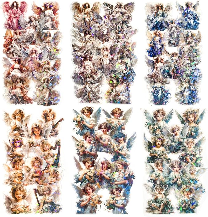 60-Piece Vintage Holographic Cherub Angel Fairy Scrapbook Stickers – Waterproof