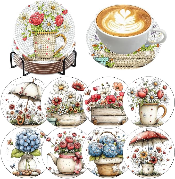 8 PCS Flowers Diamond Art Coasters Kits | Diamond Paintings Coasters