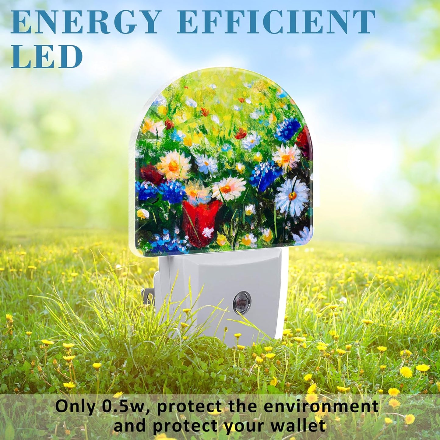 Field Flowers Oil Painting Night Light Plug into Wall with Dusk to Dawn Sensor Cute Nightlight for Kid Girls Boys Women Men Room Decor, Hallway, Kitchen, Bathroom, Nursery, Stairs