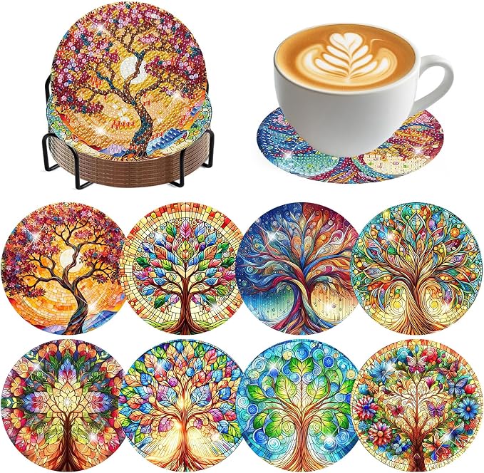 8 Pack Diamond Art Coasters, Tree of Life Diamond Painting Coasters Kits | Tree