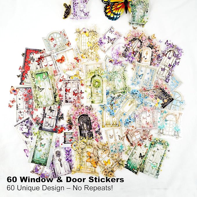 60PCS Butterfly Window PET Stickers – Romantic Vintage Style Journal Supplies