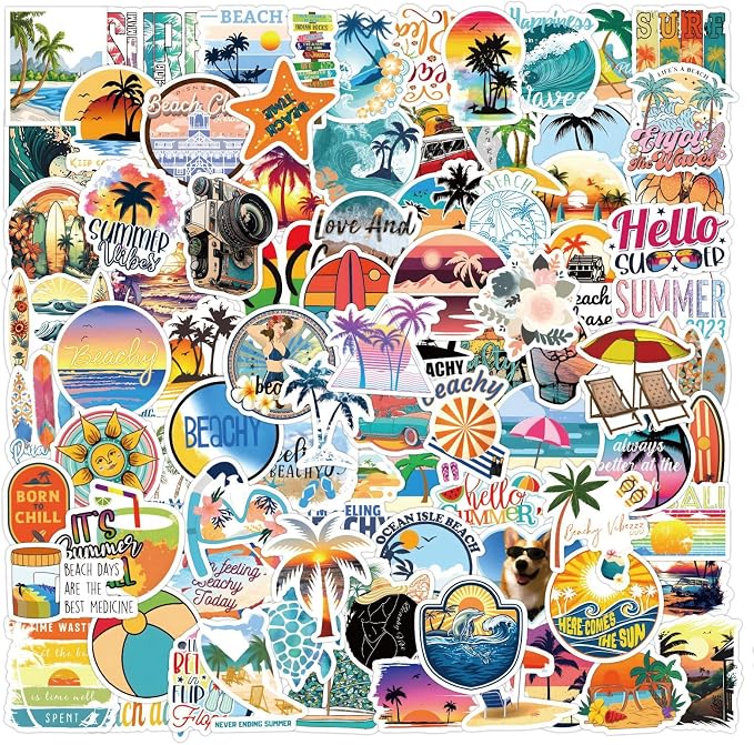 120PCS Hawaii Themed Stickers for Water Bottles, Summer Beach Scene Sticker