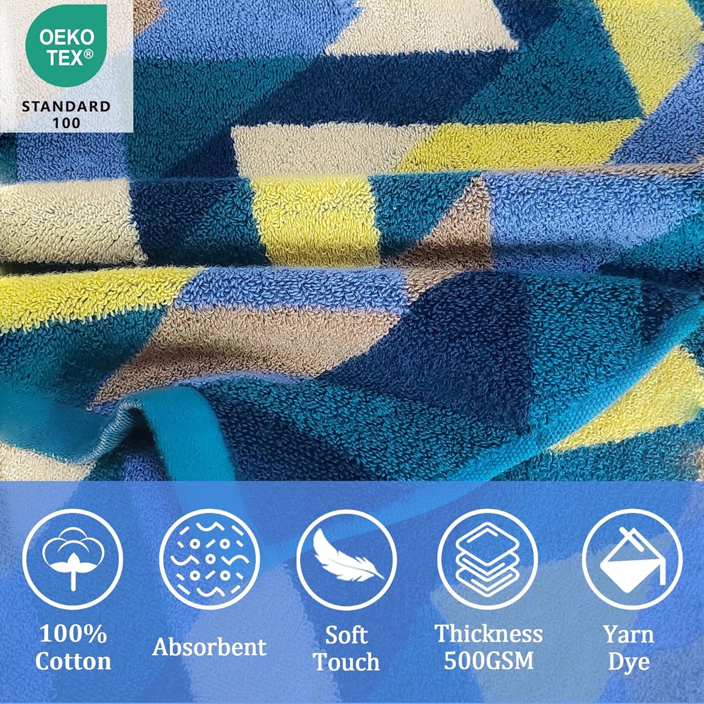 VOOVA & MOVAS Toddler Towels for Kids (3-10Years) - Absorbent 100% Cotton Thick 500GSM Pool Towels,Perfect for Bath | Beach | Pool | Swim, Jacquard, Blue