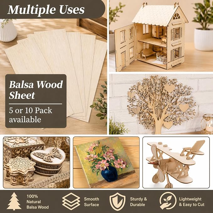 Balsa Wood Sheets, 5 Pack 12 x 4 x 1/16 Inch Unfinished Thin Wood Boards