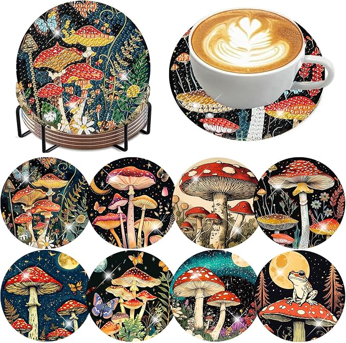 Zythron 8 Pack Diamond Art Coasters, Mushroom Diamond Painting Coasters Kits |
